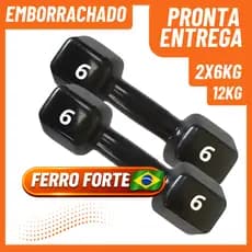 Halter Sextavado Emborrachado 6kg Par 12kg Peso Academia Musculação Fitness Ferro Forte
