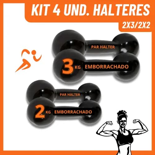 Kit 4 Halteres Emborrachados 2kg e 3kg – Peso Academia Musculação Treino em Casa