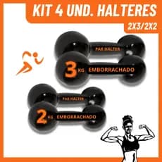 Kit 4 Halteres Emborrachados 2kg e 3kg – Peso Academia Musculação Treino em Casa