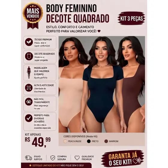 KIT 3 MANGA Decote  Body Feminino Suplex Manga Curta Decote Quadrado Manguinha Decotado Forro Duplo Tecidoo Premium