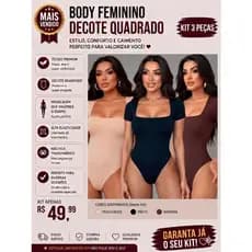 KIT 3 MANGA Decote  Body Feminino Suplex Manga Curta Decote Quadrado Manguinha Decotado Forro Duplo Tecidoo Premium
