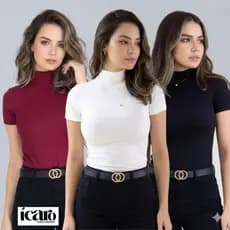 KIT 3 BASICA Blusa Canelada Gola Alta Manga Curta Moda Feminina