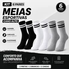 Kit 6 Meias Cano Alto 2 Listras Academia Treino Corrida