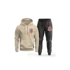 Kit Moletom Conjunto Blusa de Frio e Calça Flanelada Preto Bege Timão Paulista Capuz e Bolso Premium