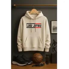Moletom Blusa de Frio Flanelada Algodão Bege Academia Luta Jiu Jitsu Artes Marciais Capuz Bolso Feminino Masculino