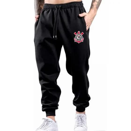 Calça Jogger Moletom Estampado Unissex Corinthians Feminino Masculino Flanelado Algodão Preto