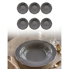Jogo De 6 Pratos Fundo Cinza Jantar Kit Completo Tamanho 19 Cm Cerâmica Tipo Porcelana