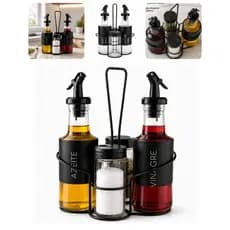 Kit Galheteiro Suporte Azeite Vinagre Sal E Pimenta Palito Com Dosador Vidro E Inox 4 Peças Saleiro