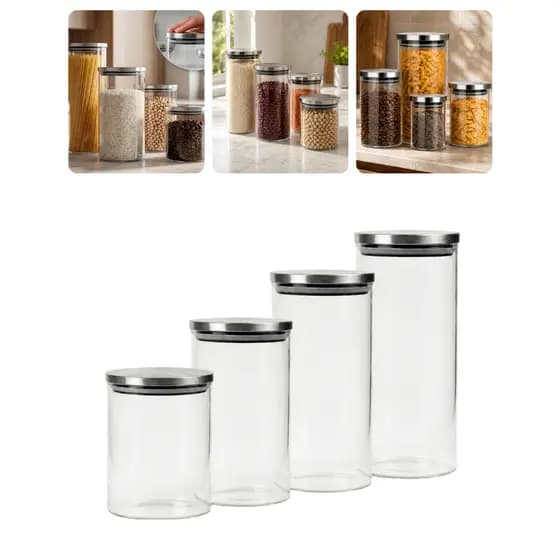 Kit 4 Pote Hermetico De Vidro Tampa De Inox Arroz Feijão Grãos Condimentos Jogo De Potes Mantimentos