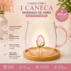 Caneca Xicara Cha cafe expresso suco Vidro Soprado Artesanal 3d com Pires bambu Borossilicato 450ml
