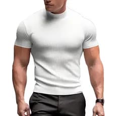 Camiseta Masculina Canelada Gola Alta Manga Curta Slim