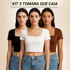 Kit 3 Cropped Básico com Decote Quadrado Suplex Feminino