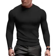 Camisa Masculina Roupa em Malha Canelada Manga Longa Slim Premium