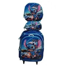 Kit Mochila Escolar Infantil 3 Peças com Rodinhas – Stitch Corrida