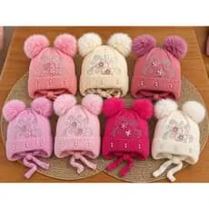 Gorro Infantil Inverno Rosa com Pompons e florcinha| Touca Bebê Quentinha com Orelhinhas e Brilho