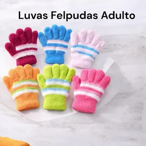 Luvas de Inverno Felpudas Adulto Macias e Quentes com Listras – Luva Térmica Confortável para Frio