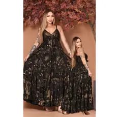 Vestido Longo Feminino Estampado Preto e Dourado Elegante Alça Fina Moda Festa Casual
