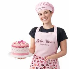 Kit Avental C/ Touca Rosa Estampado Com Seu Logo