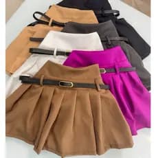 Short Saia Feminino Alfaiataria Plissado com Cinto Estilo Colegial Tendência Verão