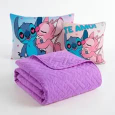 Colcha Cobre Leito Jogo Roupa Cama Solteiro 5 Pçs Fronha Matelado Quarto Menina Stich Lilas Basico