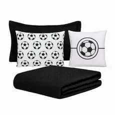 Kit Colcha Cobre Leito Edredom Roupa Jogo Cama Infantil Solteiro 5 Peças Quarto Menino Futebol Preto