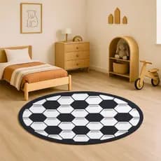 Tapete Sala Quarto Infantil Criança Redondo Oval Emborrachado Antiderrapante Bola Futebol Preto Luxo