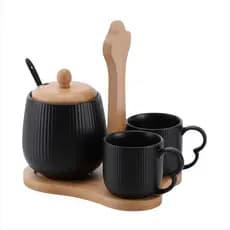 Jogo Xícaras Chá Café Expresso 90ml E Pote Açúcar Cerâmica Com Suporte De Madeira Bambu Kit Oásis