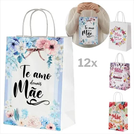 Kit 12 Sacolas Estampa Dia Das Mães 21x27cm Papel Com Alça Para Presente E Lembrancinhas Personalizadas E Homenagens