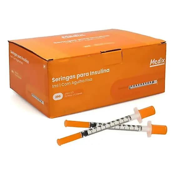 Kit 20 Seringas + 20 Swab Insulina 1ml Com Agulha  Fixa 29g 12mm 0,33mm
