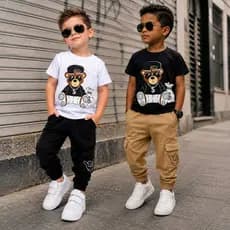 Conjunto Infantil Masculino Ursinho Style Camiseta Malha 30.1 e Calça Cargo Moletinho 4 ao 12 Anos