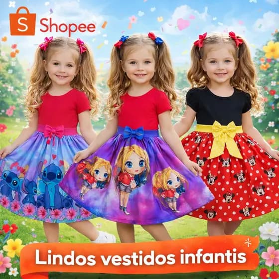 Vestido Infantil Menina Estampado – Personagens Fofos, Super Confortável