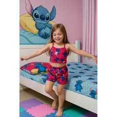 Conjunto Menina Stitch Moda Infantil Verão Lycra Cropped + Short Promoção Tamanho 2 a 10 anos