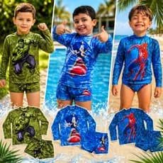 Conjunto Infantil UV Premium Menino Manga Longa + Sunga Roupa de Praia Alta Qualidade Proteção Solar