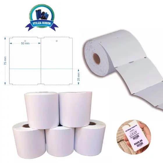 5 Rolos Etiqueta Tag Roupa 50x75mm 5x7,5cm (2 colunas) 1 picote Couche Zebra Argox Elgin - Rolo c/ 30m