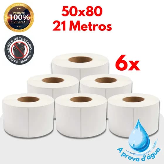 6 Rolos de etiqueta termica a prova d'água 50x80 21 metros