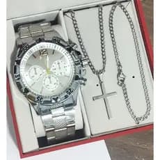 Conjunto relógio + corrente Pingente cruz e pulseira masculino Aço inox Prateado