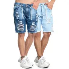 Bermuda Jeans Masculina Rasgada Sarja lycra slim Destroyed Desfiada