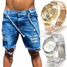 Kit Masculino Bermuda Jeans Masculina Rasgada + Relogio de aço PROMOCAO 2025 Direto da fabrica