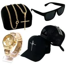 kit Masculino Presente Relogio dourado de aço Masculino + bone + óculos + colar cruz 18k