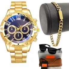 Relógio De aço Dourado Masculino + pulseira 18k + Óculos Premium envio hoje 2025 Direto da fabrica