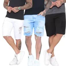 Bermuda short Jeans Masculina Rasgada Lisa longa com lycra  Promoção Menor preço