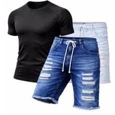 Conjunto Masculino Camiseta Dry Fit + Bermuda Jeans Rasgada Destroyed  Casual Promoção