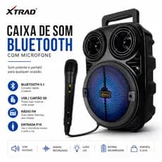 Caixa De Som Bluetooth Potente Com Microfone XTRAD Portátil LED Rádio FM USB SD