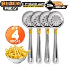 Kit Utensilio de Cozinha 4 Peças 100% Aço Inox Escumadeira Cozinha Fritura