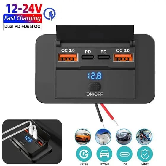 Novo Painel De Tomada Para Carregador De Carro , 4 Portas , 12V/24V , RV , USB Dupla QC3.0 PD , Acessórios De Carregamen