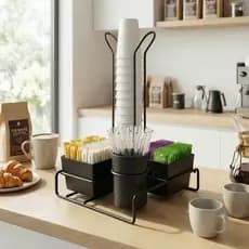 Suporte Para Copos Descartáveis Cantinho do Café com Porta Sachê Açucar Colheres Escritório Cozinha