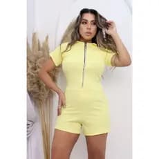 Macaquinho Canelado 3D Premium Virginia Com Ziper Shorts Curto Moda Gringa Blogueira