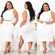 Conjunto Feminino Plus Size Malha Canelada Cropped Amarração e Saia Tubinho Moda Gringa Feminina