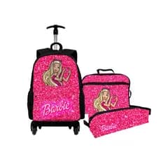 Kit Infantil Menina Barbie Desenho Resistente Mochila Com Rodinhas + Lancheira Térmica + Estojo