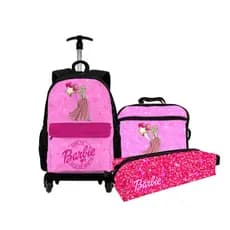 Kit Feminino Novo Volta As Aulas Bolsa Com Rodinha Com Bolsa Térmica E Estojo Barbie Desenho Criança